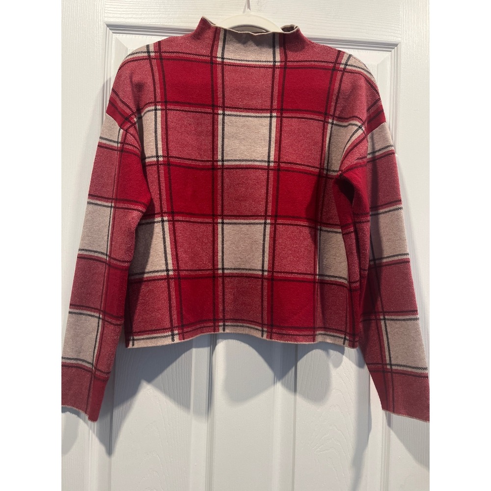 Tahari Red Plaid Mock Neck Sweater Womens Size Medium Boxy Knit Top Long Sleeve